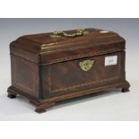 A George III mahogany tea caddy with chequer inlaid stringing, the hinged lid with brass handle,