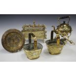 A collection of mainly 19th century Continental and English brassware, including a Victorian brass