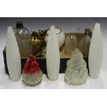 A group of various glass lamp shades, including an Edwardian frosted glass shade with etched