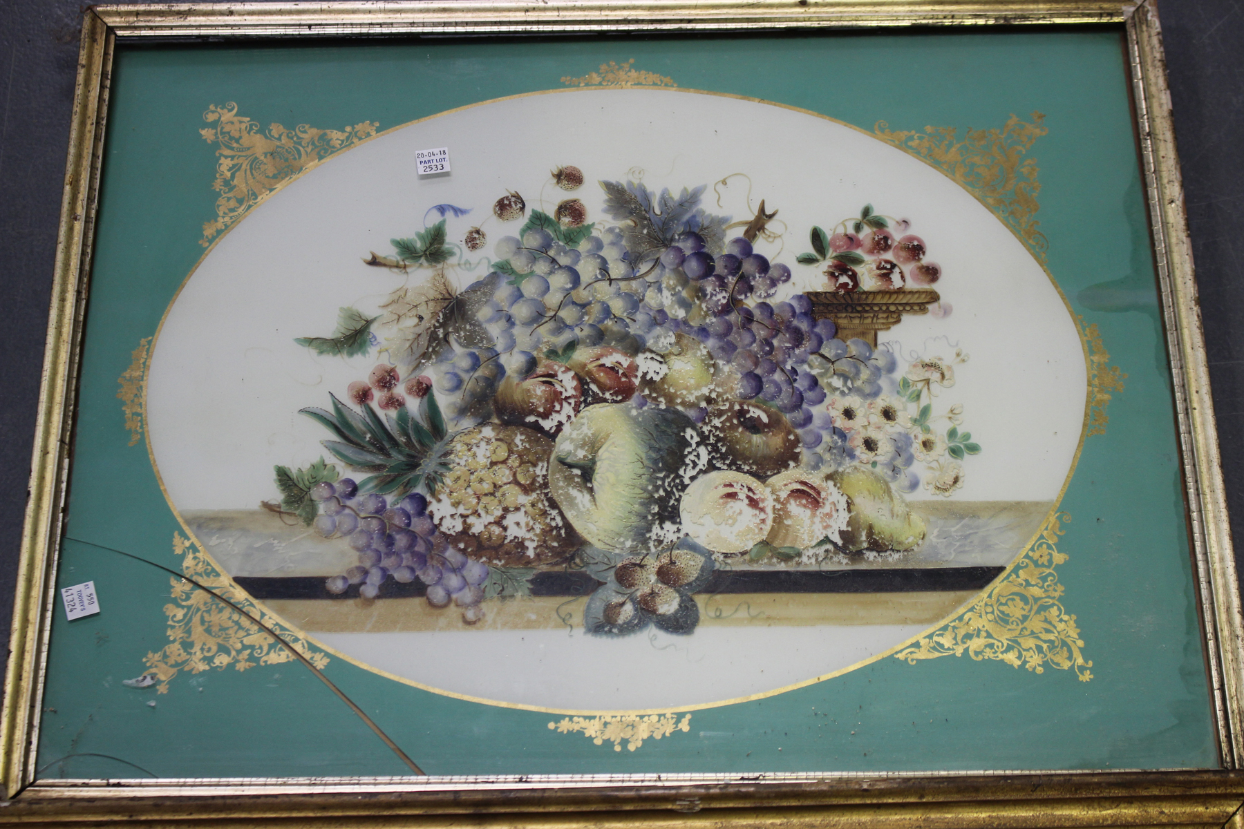 A 19th century French reverse painting on glass depicting a still life within a gilded strapwork - Image 2 of 2