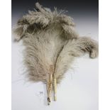 An ostrich feather fan fitted with French pierced and carved bone guards and sticks, together with