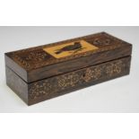 A Victorian Tunbridge ware rectangular box, the hinged lid inlaid with a bird within geometric