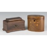 A George III walnut oval tea caddy, the hinged lid and front with foliate inlaid decoration, width
