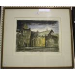 André Bicât - Gothic Building within a Landscape, 20th century colour etching, signed and