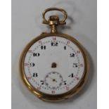 A gold cased keyless wind open-faced pocket watch, with an unsigned gilt jewelled lever movement,