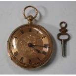 An 18ct gold cased keywind open-faced fob watch, the gilt fusee movement with a lever escapement,