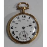 A gold cased keyless wind open-faced pocket watch, with an unsigned gilt jewelled lever movement,