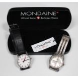 A Mondaine Stop to Go steel circular cased gentleman's wristwatch, the signed white dial with
