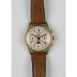 A Bucherer gilt metal fronted and steel backed gentleman's chronograph calendar wristwatch, the