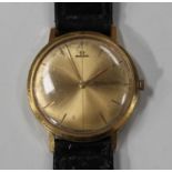 A Jaeger-LeCoultre 18ct gold circular cased gentleman's wristwatch, the signed matt gilt dial with