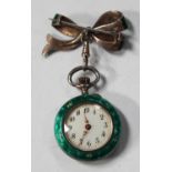 An enamelled silver keyless wind open-faced lady's fob watch, with an unsigned gilt jewelled