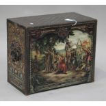 A late 19th/early 20th century Continental painted leather table top fall front writing cabinet with