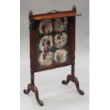 A Regency rosewood firescreen with tapestry inset panel, the drop shelf above turned supports raised