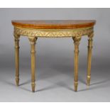 A late Victorian satinwood and painted demi-lune fold-over card table, the top decorated with