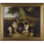 Circle of George Armfield - Two Terriers beside a Basket and Tree within a Landscape, Corn Stooks