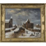 British School - Winter Landscape with Coach, Horses and Figures, 19th century oil on canvas, 37cm x