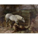 Harry Hall - 'Waiting for Master' (Grey Horse tethered to a Bar Gate beside a Recumbent Dog), oil on