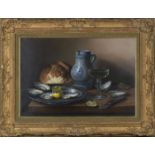 Brian Davies - Still Life with Oysters, Lemon, Bread and Wine, 20th century oil on canvas, signed,