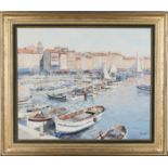 Claude Jousset - 'Soleil couchant sur St. Tropez, les Barques de Pêche', 20th century oil on canvas,