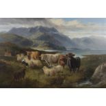 Attributed to Louis Bosworth Hurt - Highland Landscape with Cattle, Sheep and Sheepdog, a Loch and