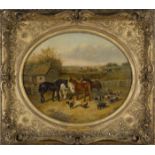 Circle of John Frederick Herring - Oval Landscape with Horses, Pigs and Chickens, a Hunt in Full