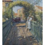 Alan Fearnley - Landscape with a Couple upon a Wooden Bridge, a Vintage Alfa Romeo and Village