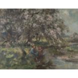 William Stewart MacGeorge - Two Girls sitting on a Riverbank, shaded by a Tree in Blossom, oil on