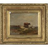 Follower of Thomas Sidney Cooper - Cattle and Sheep in a Landscape, 19th century oil on card, 27.5cm