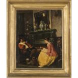 German School - Interior Scene with a Gentleman smoking a Pipe, and a Lady reading beside a Fire,