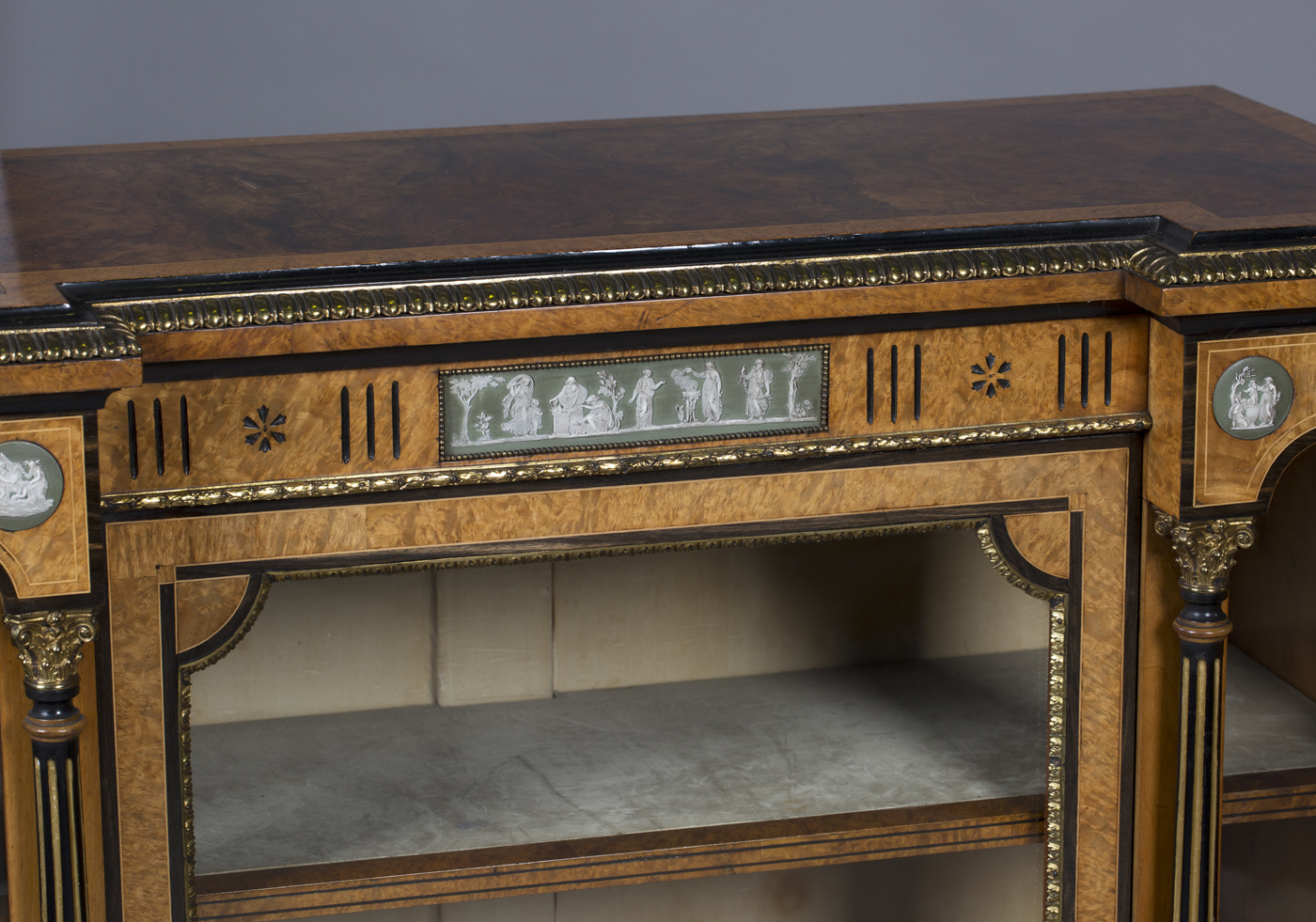 A pair of mid-Victorian burr walnut pier cabinets with ebony banding, each frieze inset with green - Image 3 of 4