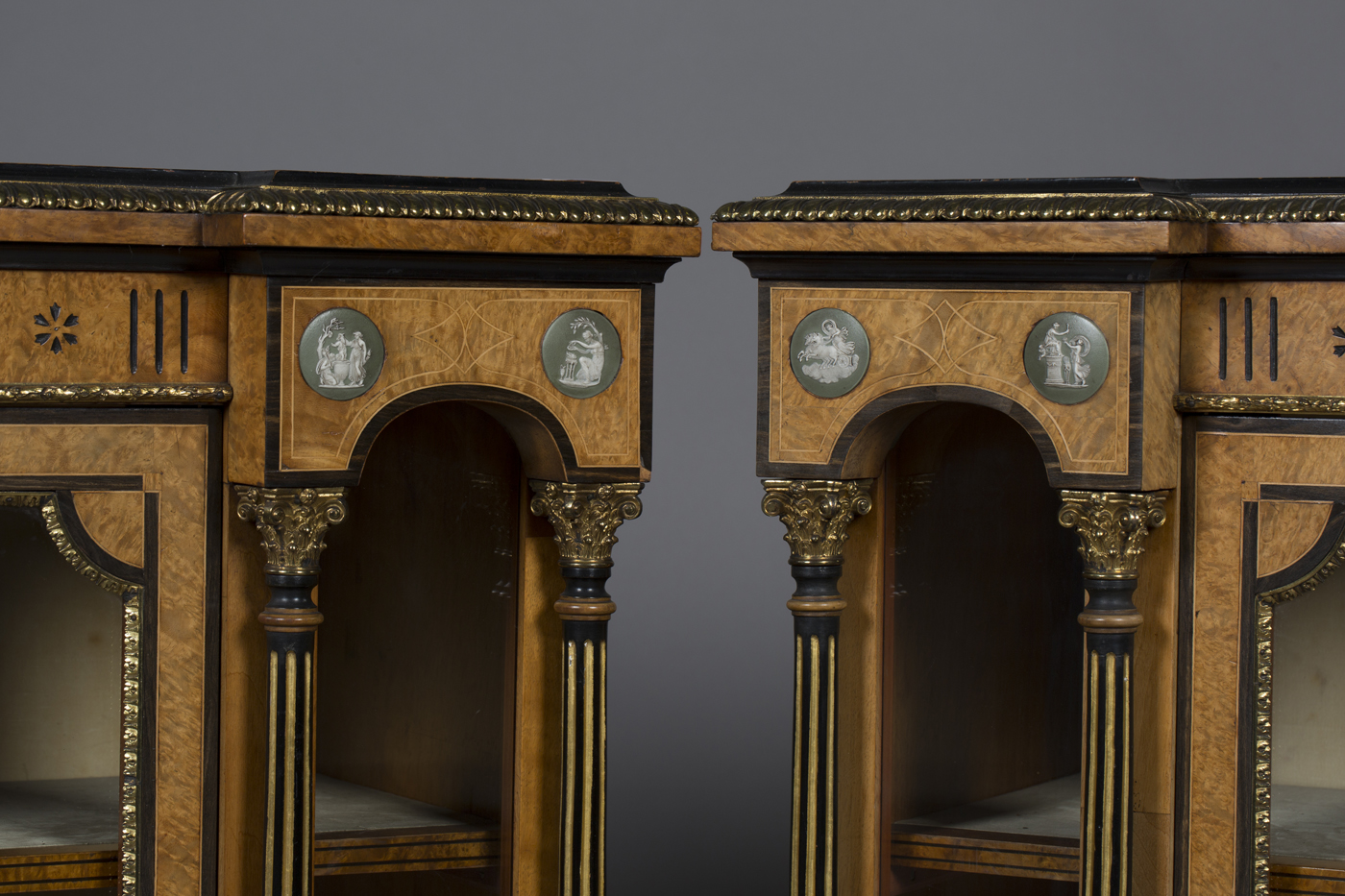 A pair of mid-Victorian burr walnut pier cabinets with ebony banding, each frieze inset with green - Image 4 of 4