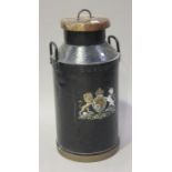 A Southwick Farm Dairy black painted milk churn bearing later transfer printed Royal coat of arms,