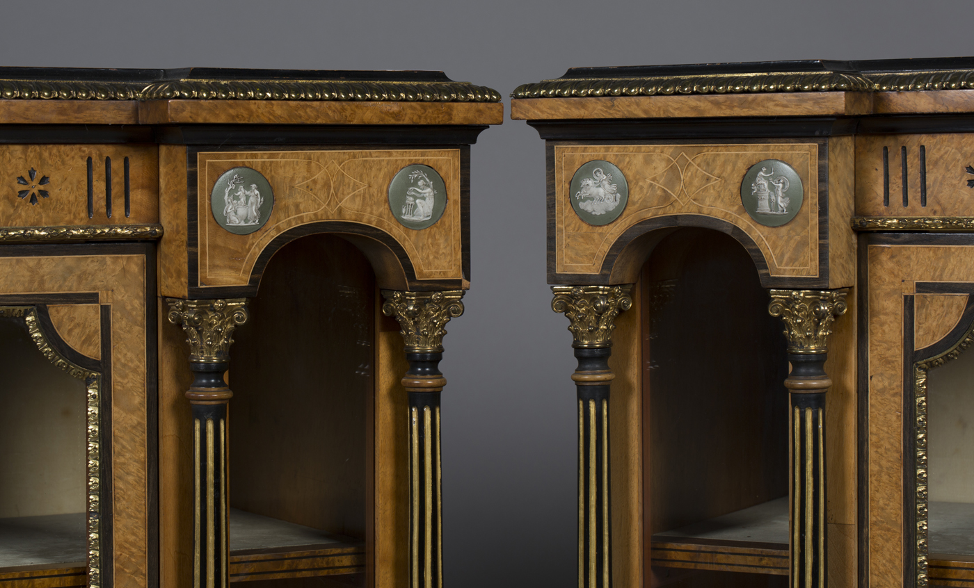 A pair of mid-Victorian burr walnut pier cabinets with ebony banding, each frieze inset with green - Image 2 of 4