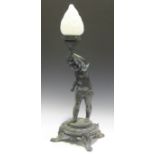 A late 20th century reproduction green patinated cast bronze figural table lamp in the form of a