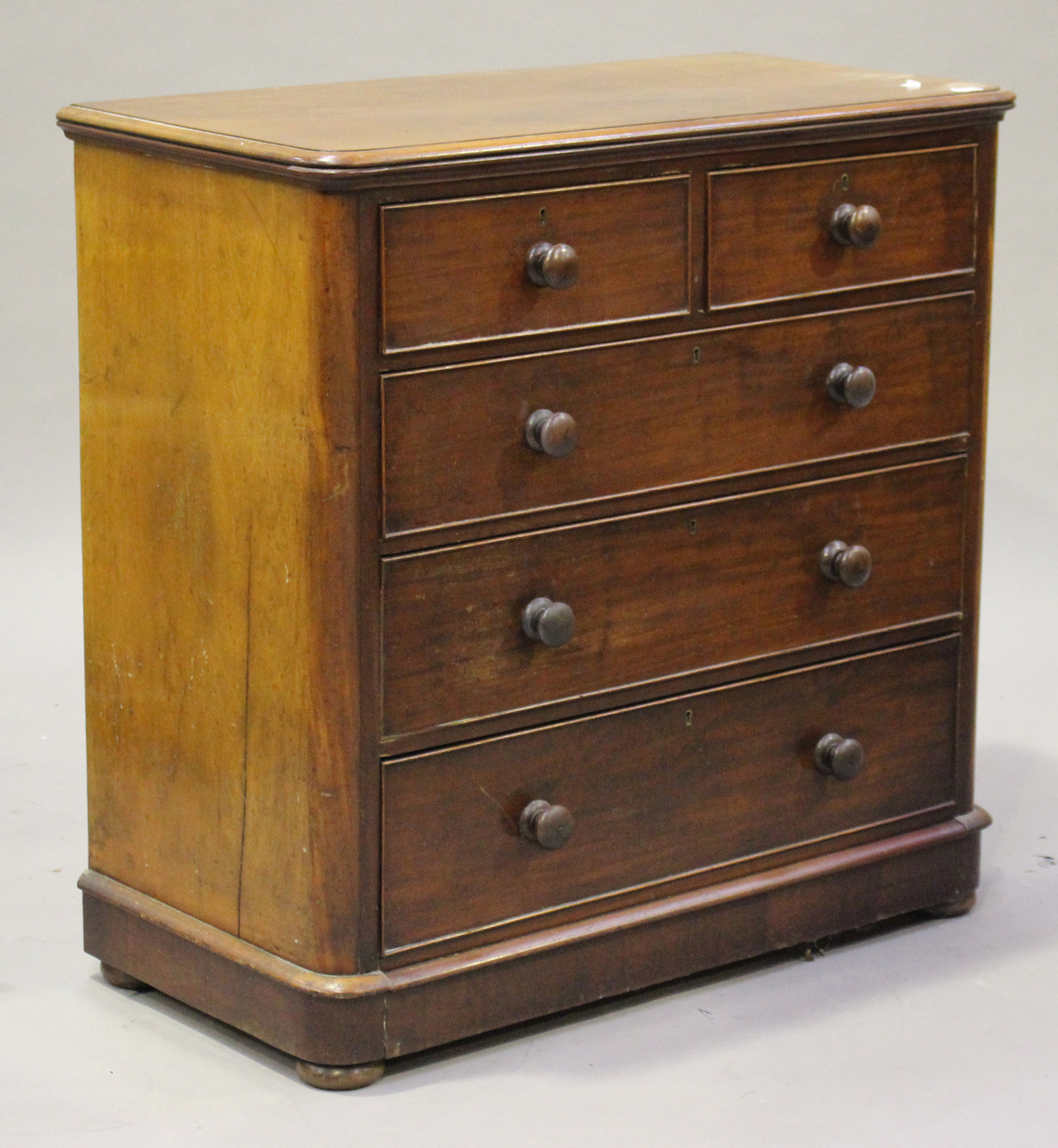 A Victorian mahogany chest of two short and three graduated long drawers, height 102cm, width 104cm,