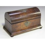 A mid-Victorian burr walnut dome topped tea caddy, the interior with two lidded compartments