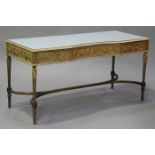 An early 20th century Neoclassical Revival lemon gilded dressing table, the top inset with pale blue
