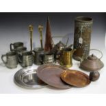 A collection of copper, brass and pewter, including two Benham & Froud kettles, a Birmingham Guild