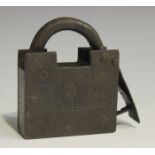 An 18th century wrought metal padlock of square form, width 8.7cm.Buyer’s Premium 29.4% (including