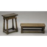 A 20th century oak joint stool on turned and block legs, height 55cm, width 43cm, together with an