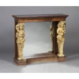 A Regency rosewood console table, the later veneered yew top supported by a pair of giltwood and