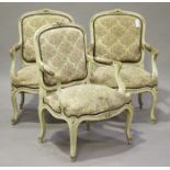 A set of three early/mid-20th century French Louis XV style cream painted showframe fauteuil