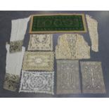 A small group of various textiles, including a tatted lacework waistcoat with one matching sleeve,
