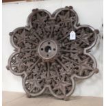 A pair of late Victorian cast iron ceiling roses of lobed and pierced leaf design, diameter 60cm.