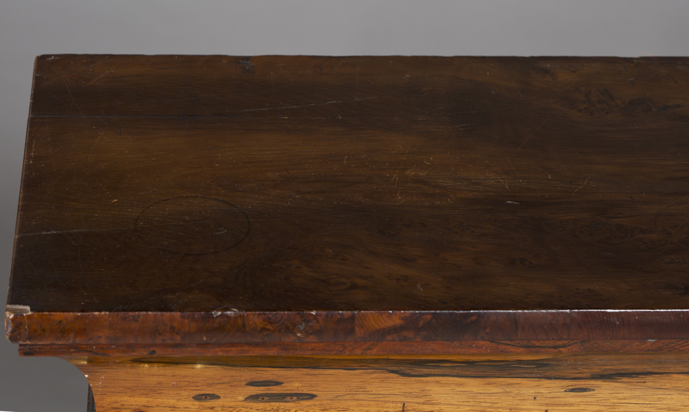 A Regency rosewood console table, the later veneered yew top supported by a pair of giltwood and - Image 5 of 5