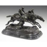 A late 20th century brown patinated cast bronze equestrian figure group of two race horses and