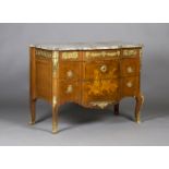 An early/mid-20th century Louis XVI style foliate inlaid breakfront commode with veined marble