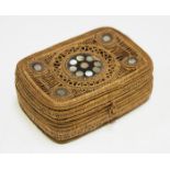 A South-east Asian woven cricket cage, the lid inset with five mother-of-pearl inlaid roundels,