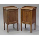 A pair of Edwardian satinwood bedside cabinets, crossbanded and with chequer stringing, the three-