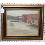 K. Knapp - River Scene with Boat and Buildings, 20th century oil on board, signed, 25.5cm x 32.